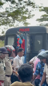 Image: The West Bengal Police taking away the broken Kali Murti in prison van.